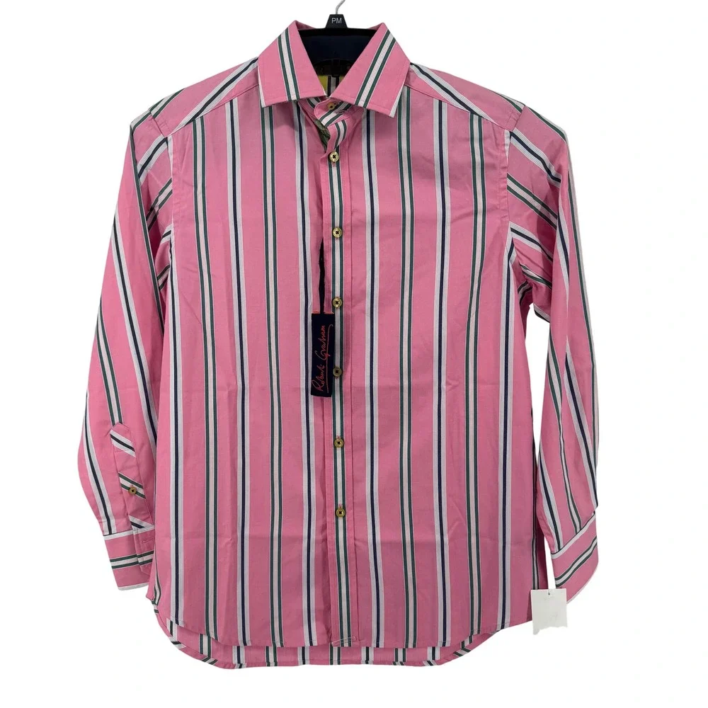 New Robert Graham Shirt Flip Cuff Mens S Pink Striped Paisley Long Sleeve Luxury